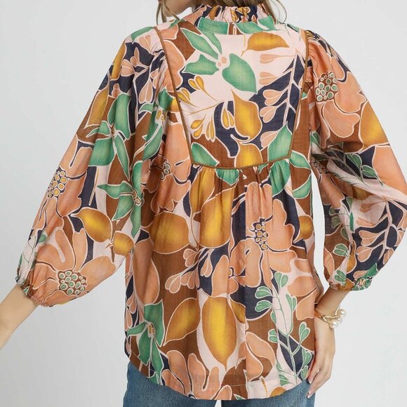 Umgee Multicolor Abstract Floral Print‎ Blouse with Ruffle Neck - Picture 3 of 5
